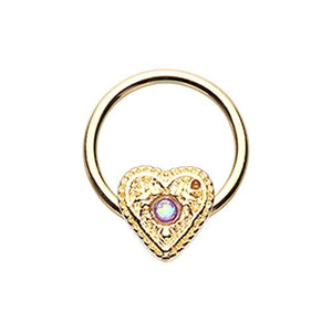 Golden Ornate Opal Heart Steel WildKlass Captive Bead Ring-WildKlass Jewelry