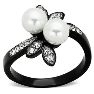 WildKlass Stainless Steel Pearl Ring Two-Tone IP Black Women Synthetic White-WildKlass Jewelry