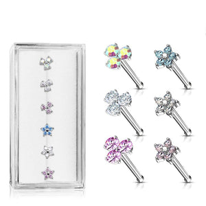 WILDKLASS 6 Pcs of Three Prong Set Round CZ Triangle and Five CZ Flower Top 316L Surgical Steel 20ga Nose Stud Rings Gem Box Package-WildKlass Jewelry