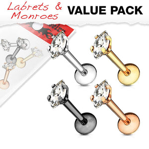 WILDKLASS 4 Pcs Value Pack Internally Threaded Marquise CZ Prong Set 316L Surgical Steel Labret, Flat Back Studs-WildKlass Jewelry