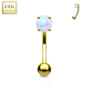 Prong Set Opal Stone 14K Solid Gold Curved WildKlass Barbell Eyebrow Ring-WildKlass Jewelry