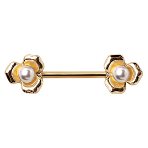 Gold Plated Pearl Accented Flower Nipple Bar-WildKlass Jewelry