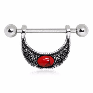 316L Stainless Steel Nipple Ring with Red Turquoise Accented Crescent Moon-WildKlass Jewelry