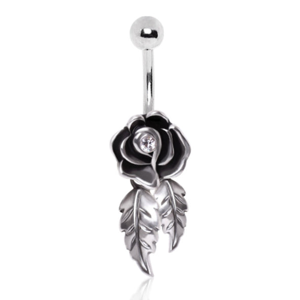 316L Surgical Steel Gemmed Rose with Dangling Leaves-WildKlass Jewelry