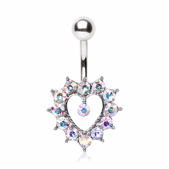 316L Surgical Steel Navel Ring with Aurora Borealis CZ Heart-WildKlass Jewelry