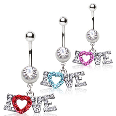 316L Surgical Steel Navel Ring with Two Tone "LOVE" Dangle-WildKlass Jewelry