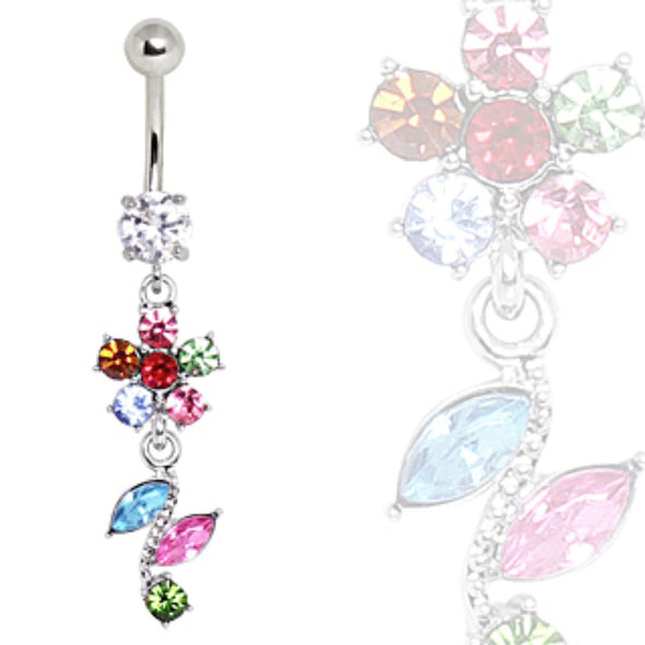 316L Surgical Steel Multi-Color Flower & Leaves Navel Ring-WildKlass Jewelry