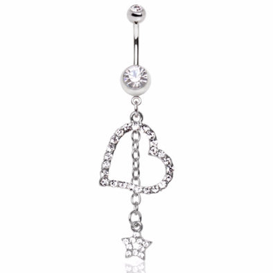 316L Surgical Steel Gemmed Heart with Star Chain Dangle Navel Ring-WildKlass Jewelry