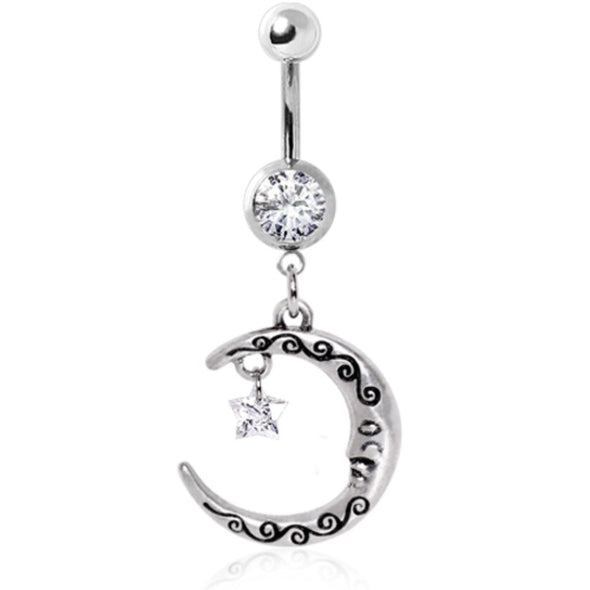 316L Surgical Steel Embellished Moon and Star Gemmed Navel Ring-WildKlass Jewelry
