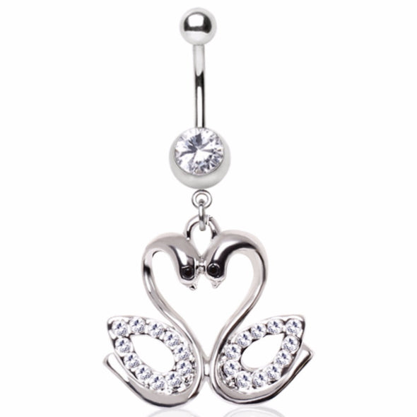 316L Surgical Steel Gemmed Swan Couple Dangle Navel Ring-WildKlass Jewelry