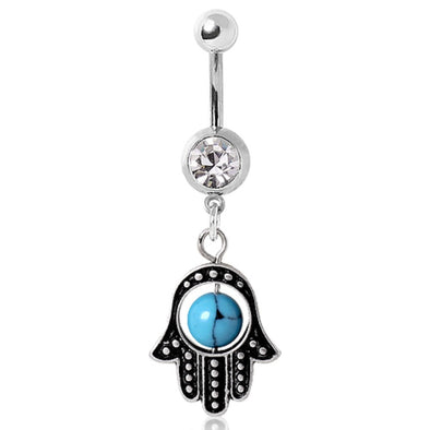 316L Gemmed Navel Ring with Hamsa Amulet and Turquoise Bead-WildKlass Jewelry