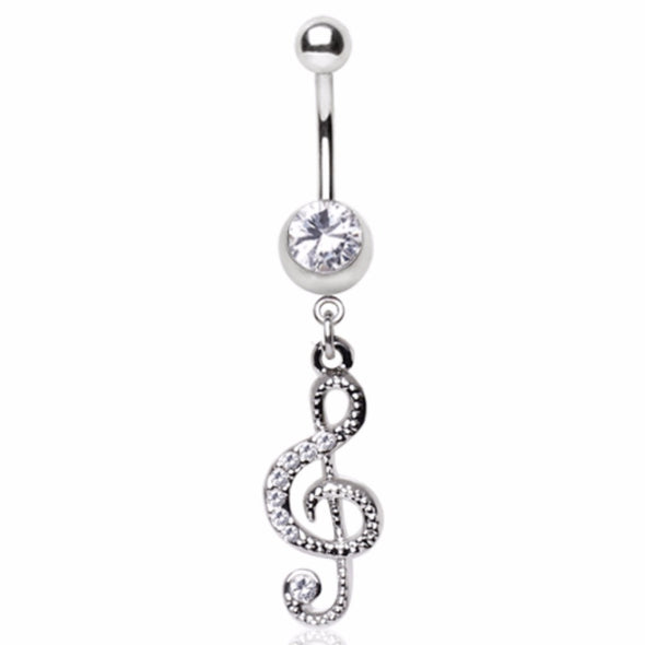 316L Surgical Steel Gemmed Musical Treble Clef Dangle Navel Ring-WildKlass Jewelry
