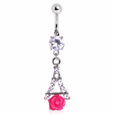 316L Surgical Steel CZ Navel Ring with Eiffel Tower and Rose Charm Dangle-WildKlass Jewelry