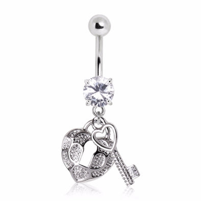 316L Surgical Steel Gemmed Navel Ring with Heart Lock and Key Charm Dangles-WildKlass Jewelry