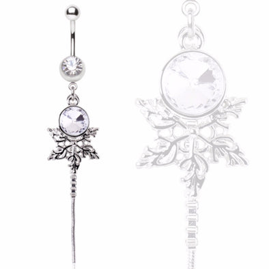 316L Surgical Steel Jeweled Snowflake with Chain Dangle Navel Ring-WildKlass Jewelry