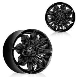 Organic Black Buffalo Horn Flesh Tunnel Plug with Carved Dahlia Flower-WildKlass Jewelry