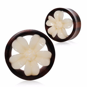 Organic Buffalo Bone Flower Blossom Sono Wood Tunnel Plug-WildKlass Jewelry