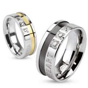 "You are Always in my Heart" Inscribed 316L Stainless steel ring with Gold & Blk. Band-WildKlass Jewelry