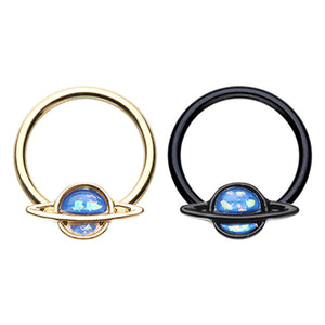 Black & Golden Saturn Planet Glitter Opal Steel Captive Bead Ring-WildKlass Jewelry