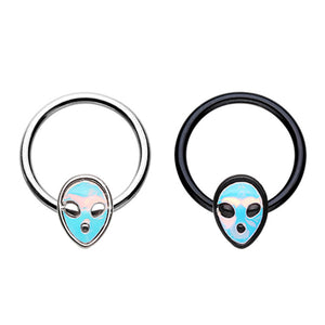 Black & Silver Alien Revo Head Steel Captive Bead Ring-WildKlass Jewelry