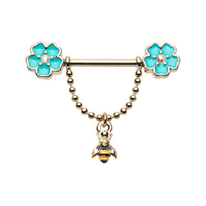 WILDKLASS Golden in Bloom Flower Bee Dangle Chain Nipple Barbell Ring-WildKlass Jewelry
