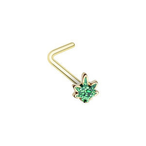 WILDKLASS Golden Royal Highness Glitter Cannabis Pot Leaf L-Shape Nose Ring-WildKlass Jewelry