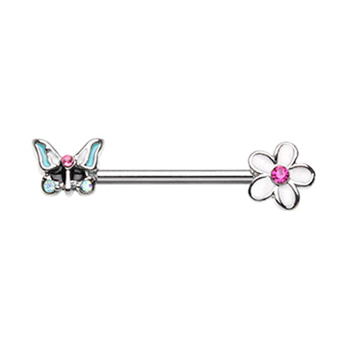 Rose Gold & Silver Spring Butterfly Flower Nipple Barbell Ring-WildKlass Jewelry
