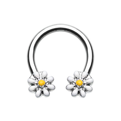 Silver & Black Daisy Flower Horseshoe Circular Barbell-WildKlass Jewelry