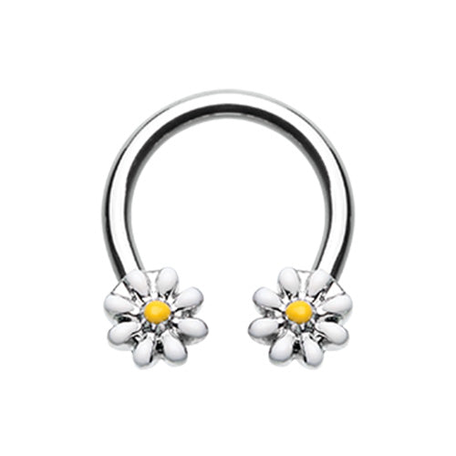Silver & Black Daisy Flower Horseshoe Circular Barbell-WildKlass Jewelry
