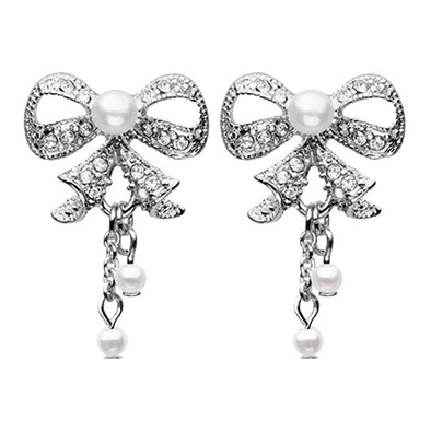 Gold, Silver Bow-Tie Splendid Dangle Ear Stud Earrings -