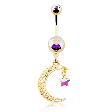 Golden Filigree Moon Star Sparkle WildKlass Belly Button Ring-WildKlass Jewelry