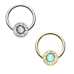 Gold & Silver Ornate Round Opal Steel Captive Bead Ring-WildKlass Jewelry