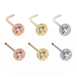 Gold, Rose Gold, Silver Round Ornate CZ Gem L-Shape, Stud Nose Ring-WildKlass Jewelry