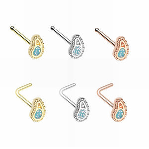 Gold, Rose Gold, Silver Sparkling Ornate Paisley L-Shape, Stud Nose Ring-WildKlass Jewelry