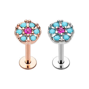 Rose Gold, Silver Gypsy Round Turquoise Top Steel Labret-WildKlass Jewelry