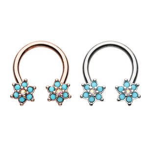 Rose Gold, Silver Turquoise Spring Flower Sparkle Horseshoe Circular Barbell-WildKlass Jewelry