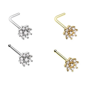 Silver & Gold Gleaming CZ Flower L-Shape & Stud Nose Ring-WildKlass Jewelry