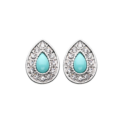 Gold, Silver CZ Dangle Avice Turquoise Multi-Gem Ear Stud Earrings-WildKlass Jewelry