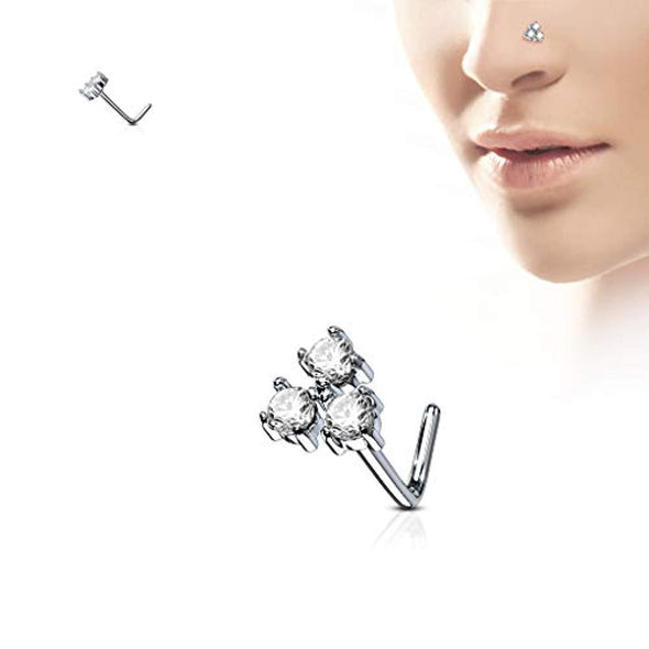 WildKlass Three Prong Set Round CZ Triangle 316L Surgical Steel L Bend Nose Stud Rings-WildKlass Jewelry