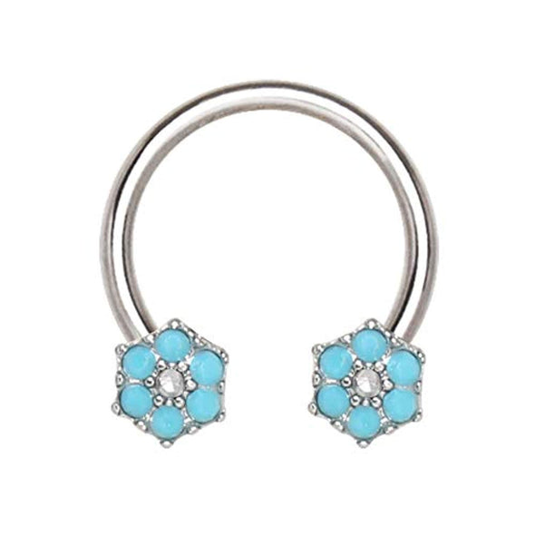 316L Stainless Steel Jeweled Teal Blue WildKlass Flower Horseshoe-WildKlass Jewelry