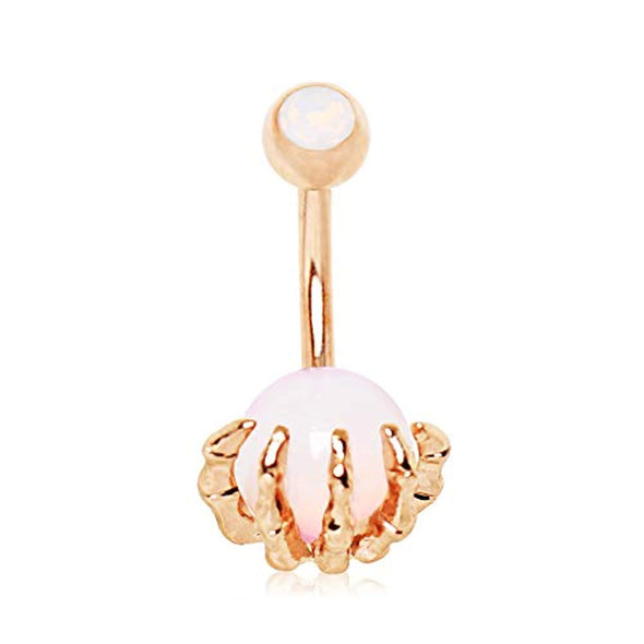 WildKlass Rose Gold Plated Skeleton Hand Holding Crystal Ball Navel Ring-WildKlass Jewelry