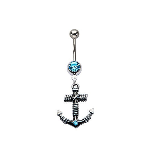 WildKlass Navel with Blue Zircon Anchor Dangle Charm 14g 7/16's-WildKlass Jewelry