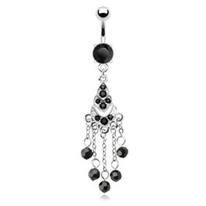 Chandelier Black Multi Gemmed w/Beads Dangle with 316L Surgical Steel Prong Set Black Gem Navel (Sold by Piece)-WildKlass Jewelry