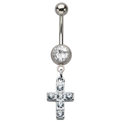 WildKlass Press Fit Clear Gem Belly Ring Barbell with Clear Gems Cross Dangle Charm 14g 7/16"-WildKlass Jewelry