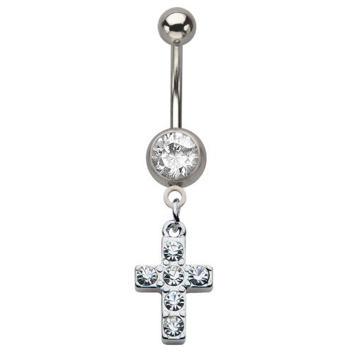 WildKlass Press Fit Clear Gem Belly Ring Barbell with Clear Gems Cross Dangle Charm 14g 7/16"-WildKlass Jewelry