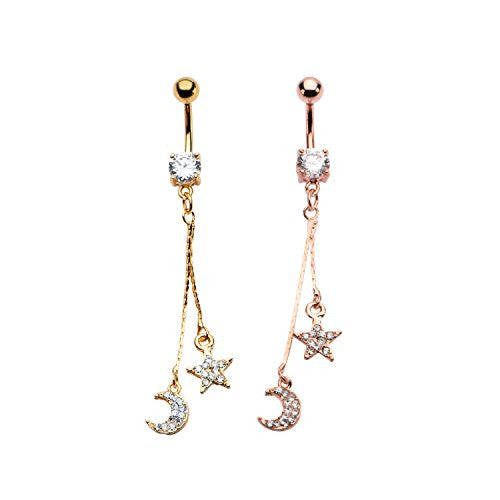WildKlass Navel with Clear Gem in Star and Moon Dangle Charm 14g 7/16-WildKlass Jewelry