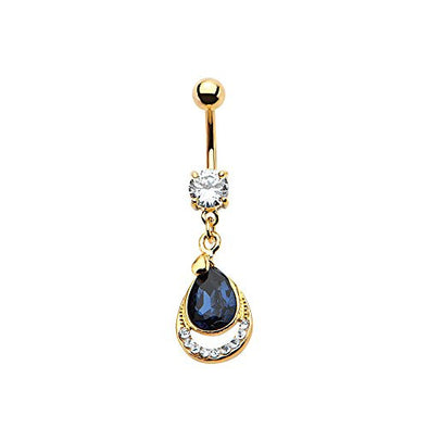 WildKlass Gold Plated Navel with blue CZ teardrop dangle charm 14g 3/8-WildKlass Jewelry