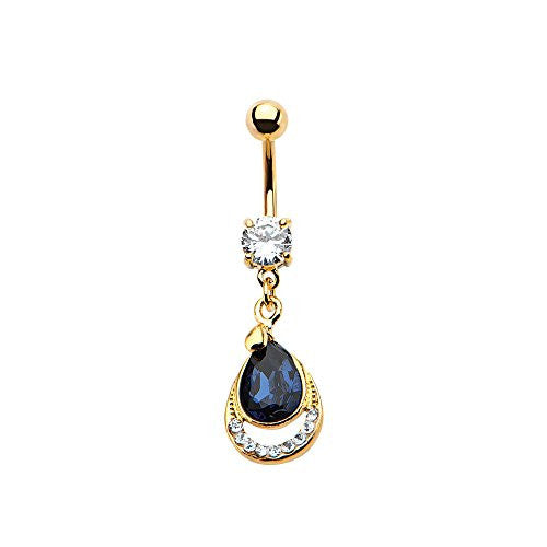 WildKlass Gold Plated Navel with blue CZ teardrop dangle charm 14g 3/8-WildKlass Jewelry