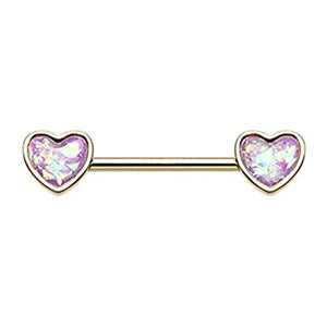 Golden Glitter Opal Heart Inlay WildKlass Nipple Barbell Ring-WildKlass Jewelry