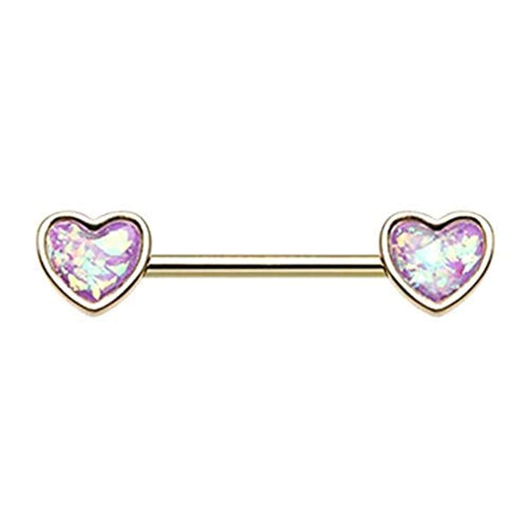 Golden Glitter Opal Heart Inlay WildKlass Nipple Barbell Ring-WildKlass Jewelry